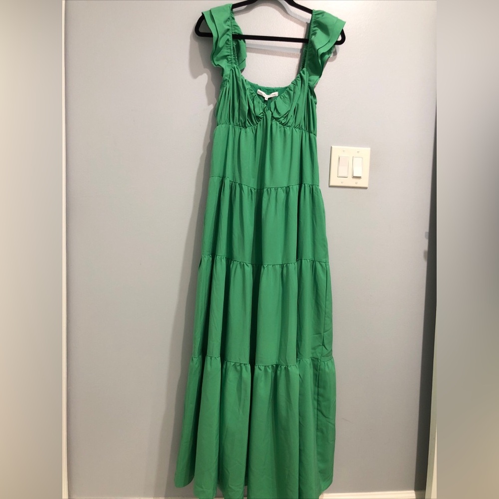 NWT English Factory Gridded Ruffle Maxi Dress Green Size XS Boho Romantic